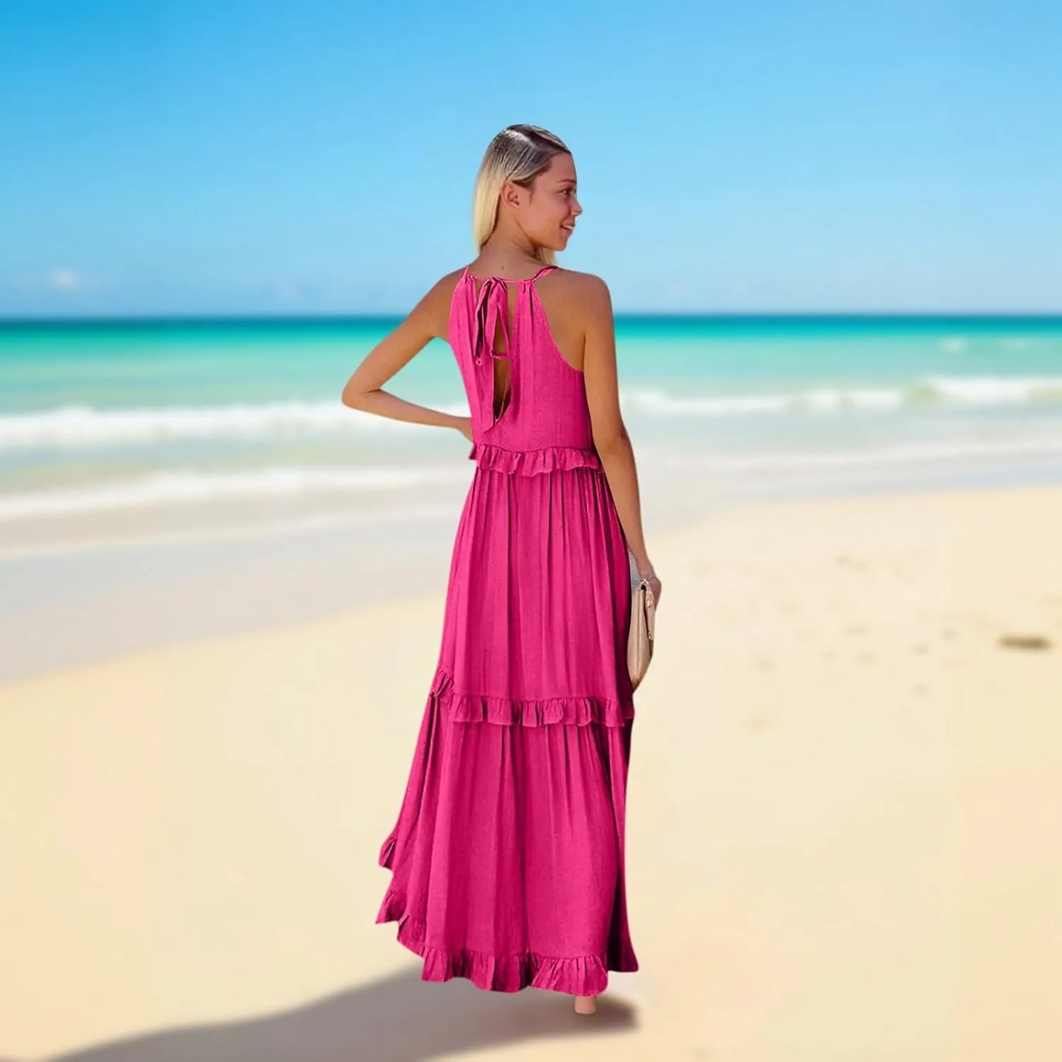 2025 Plus Size Summer Dresses for Women,Sleeveless Halter Casual Pleated Tiered Flowy Beach Vacation Long Dresses Sundress