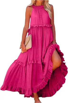2025 Plus Size Summer Dresses for Women,Sleeveless Halter Casual Pleated Tiered Flowy Beach Vacation Long Dresses Sundress