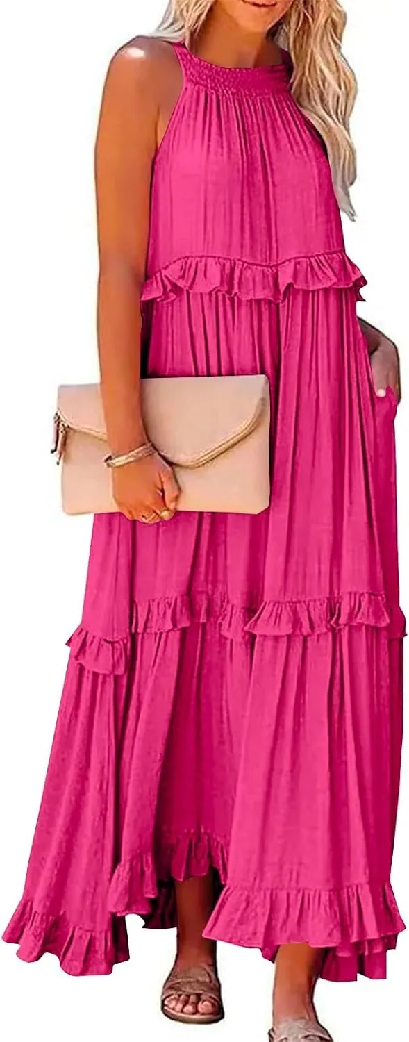 2025 Plus Size Summer Dresses for Women,Sleeveless Halter Casual Pleated Tiered Flowy Beach Vacation Long Dresses Sundress