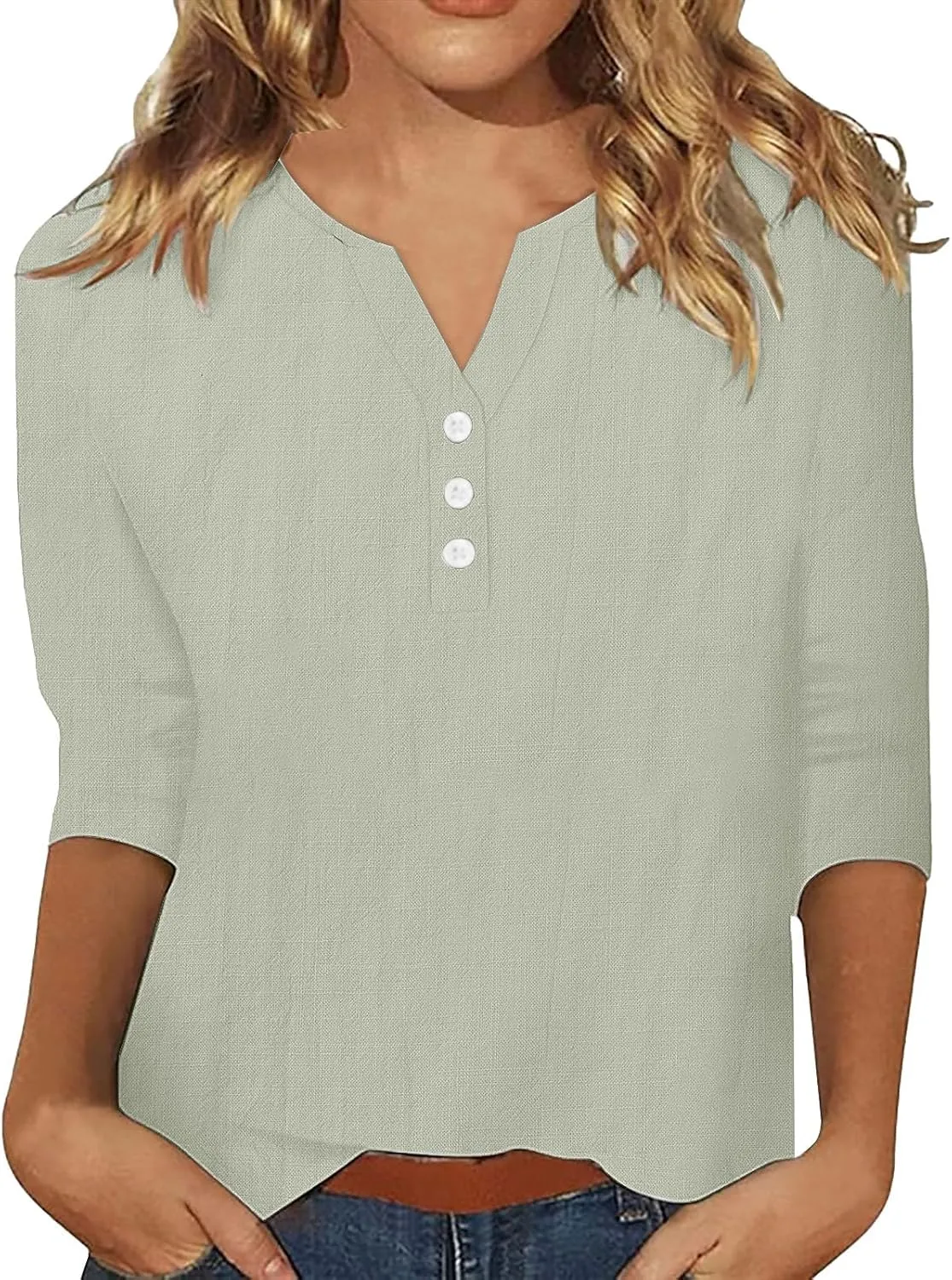 3/4 Sleeve Shirts for Women Trendy Linen V-Neck Button Down Solid Tops Casual Loose Fit Summer Breathable Blouse 2025
