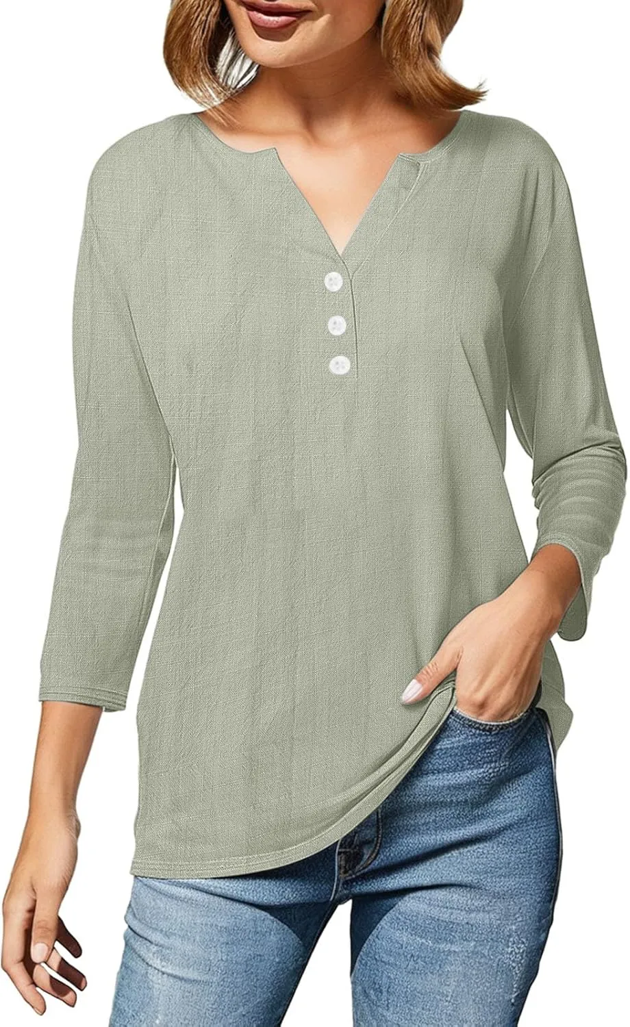 3/4 Sleeve Shirts for Women Trendy Linen V-Neck Button Down Solid Tops Casual Loose Fit Summer Breathable Blouse 2025