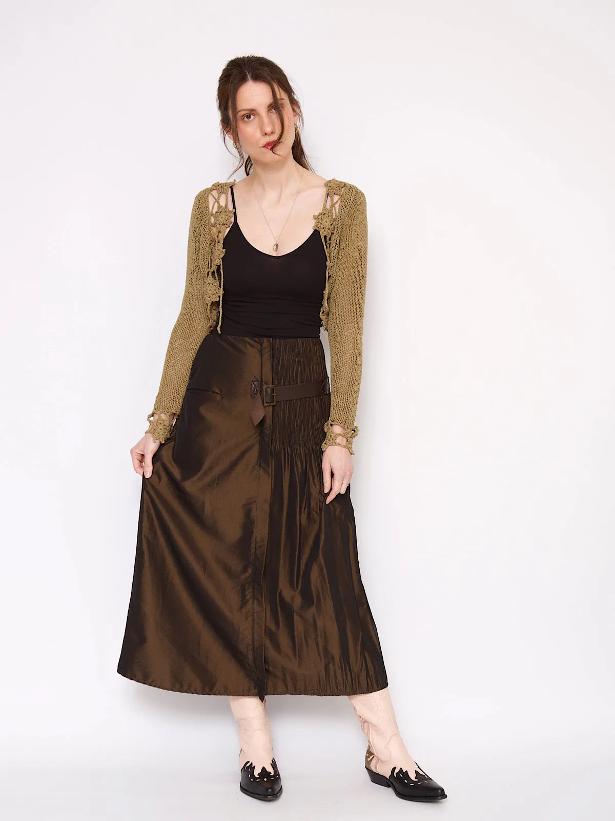 90s brown satin skirt with leather belt and pleats details