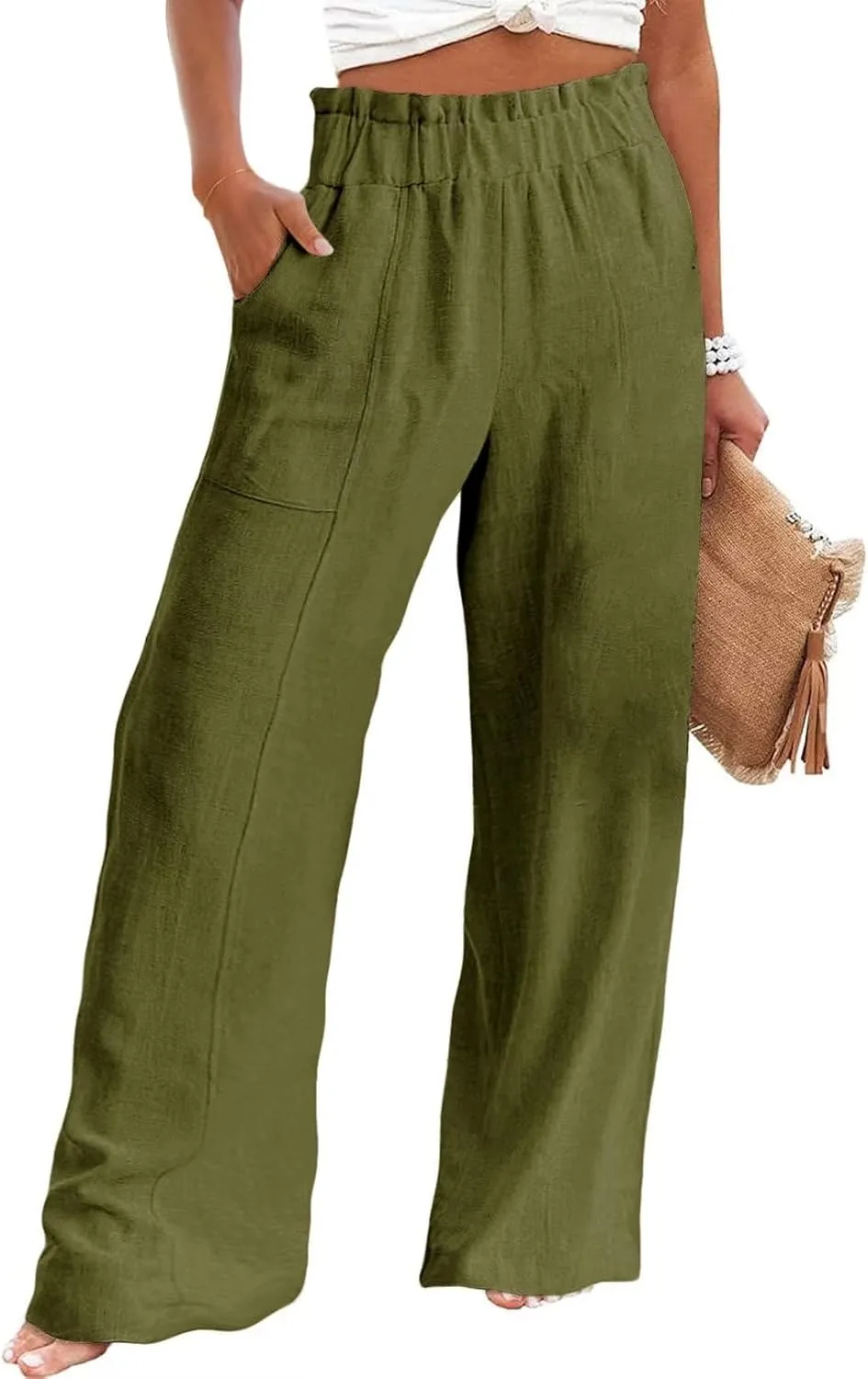 Acelitt Women Casual Elastic Waist Loose Paper Bag Linen Pants with Pockets, S-2XL