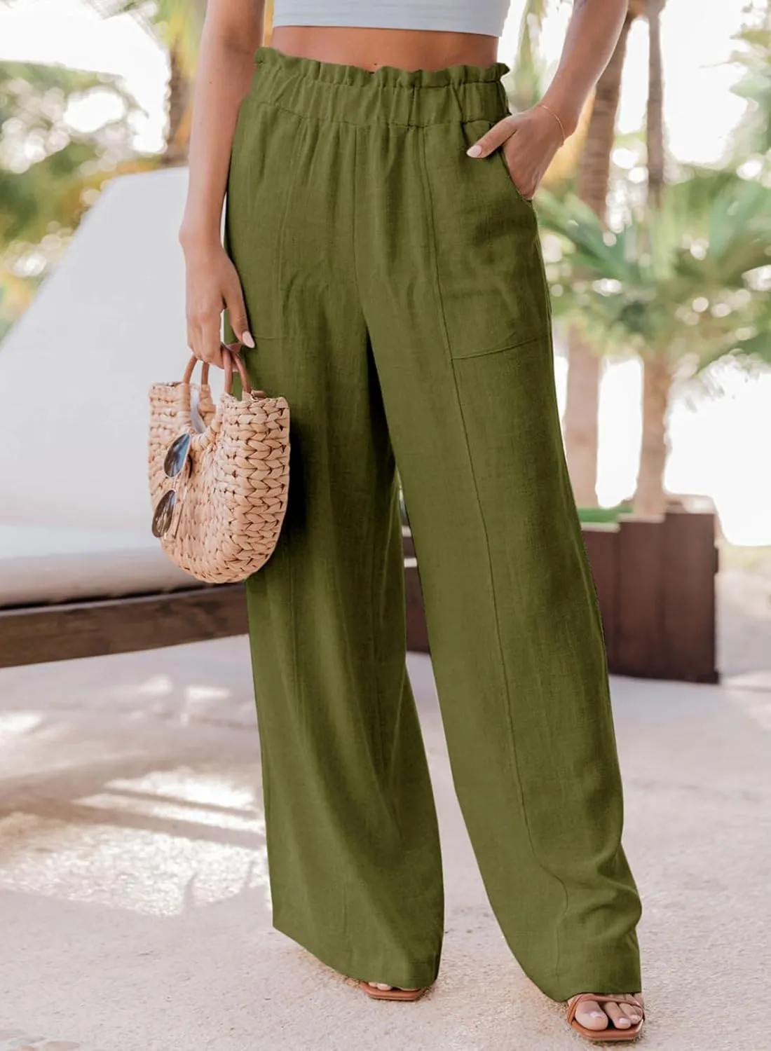 Acelitt Women Casual Elastic Waist Loose Paper Bag Linen Pants with Pockets, S-2XL