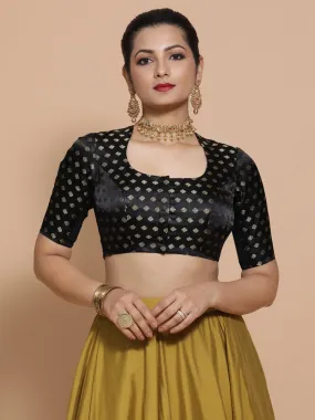 Afreen x Tyohaar | Elbow Sleeves Satin Viscose Saree Blouse in Black Butta Fabric