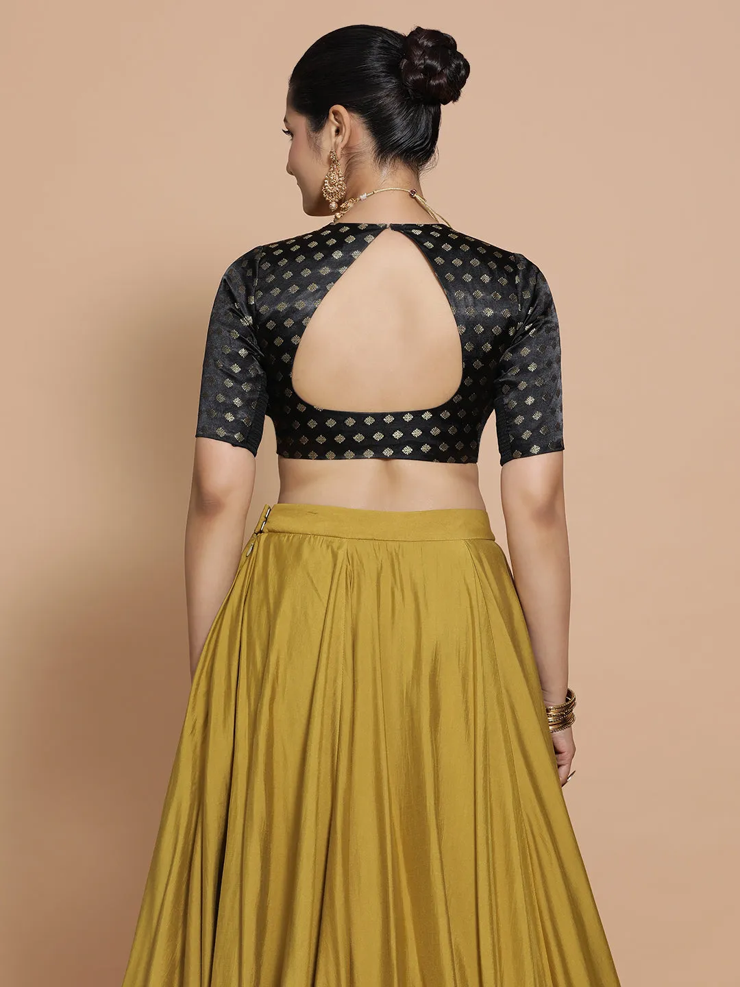 Afreen x Tyohaar | Elbow Sleeves Satin Viscose Saree Blouse in Black Butta Fabric
