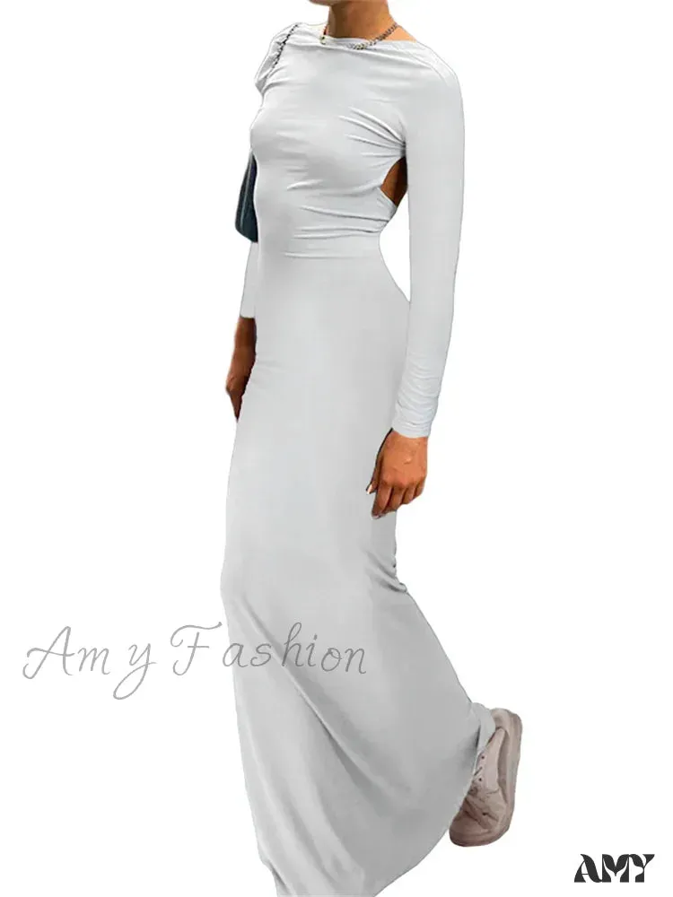 Amy Fashion - Fashion Sexy Women Backless  Sleeve Fishtail Hem Solid Color Party Beach Club Streetwear Vestido