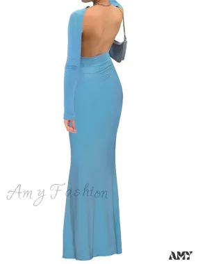 Amy Fashion - Fashion Sexy Women Backless  Sleeve Fishtail Hem Solid Color Party Beach Club Streetwear Vestido