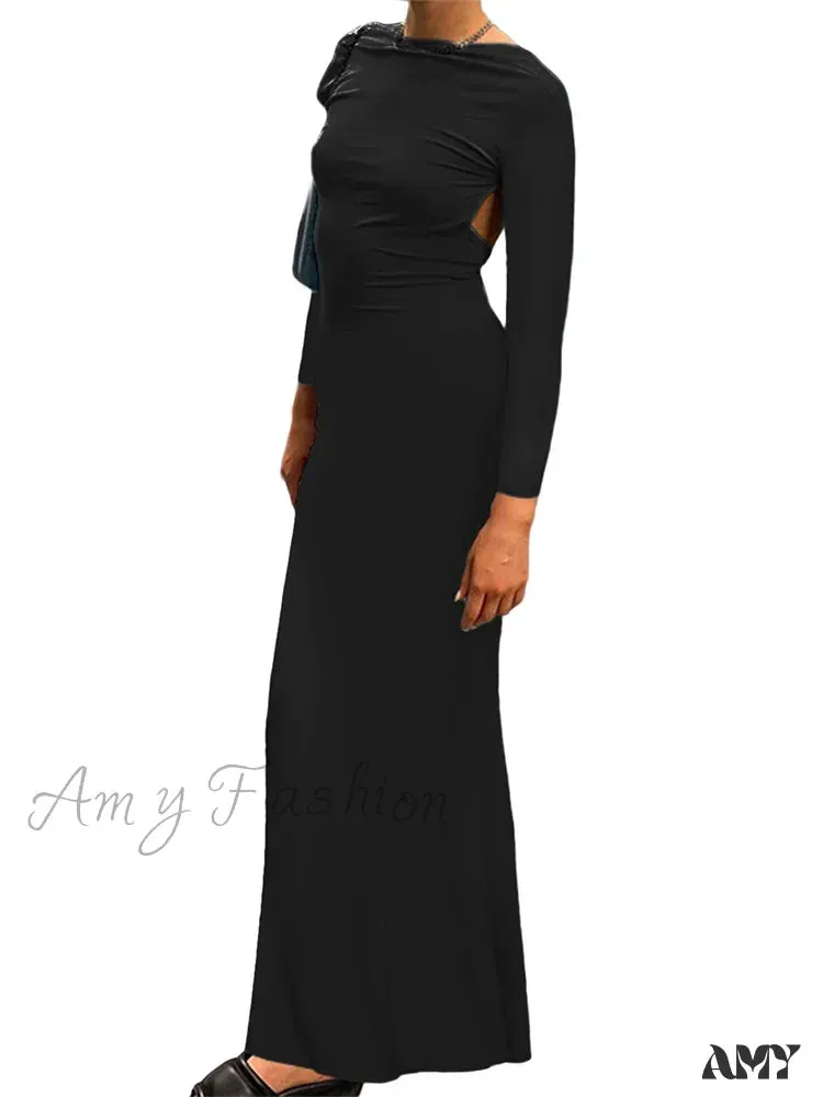 Amy Fashion - Fashion Sexy Women Backless  Sleeve Fishtail Hem Solid Color Party Beach Club Streetwear Vestido