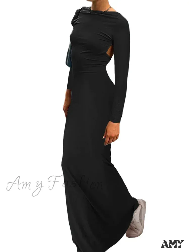 Amy Fashion - Fashion Sexy Women Backless  Sleeve Fishtail Hem Solid Color Party Beach Club Streetwear Vestido