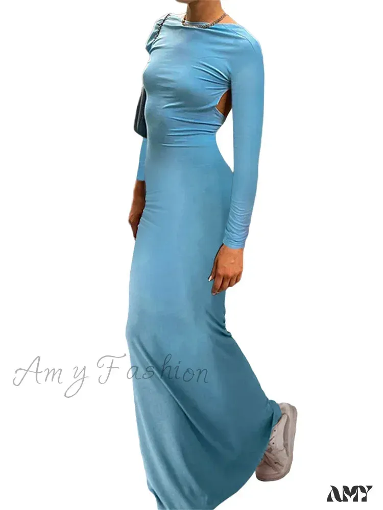 Amy Fashion - Fashion Sexy Women Backless  Sleeve Fishtail Hem Solid Color Party Beach Club Streetwear Vestido