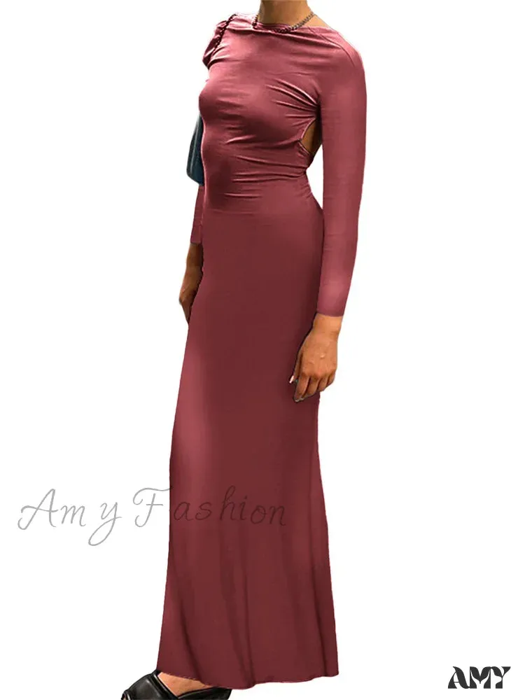Amy Fashion - Fashion Sexy Women Backless  Sleeve Fishtail Hem Solid Color Party Beach Club Streetwear Vestido