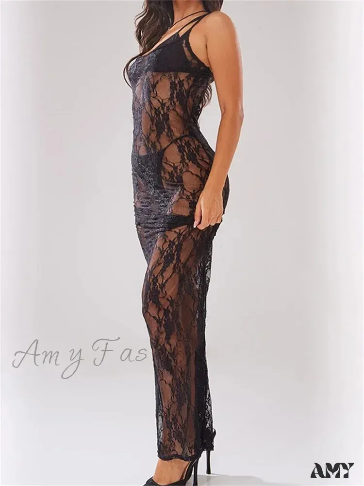 Amy Fashion - Sexy Women Mesh See-Through Lace Floral  Sleeveless Strap Beach Party Summer Black  Female Vestidos