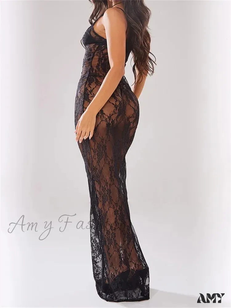 Amy Fashion - Sexy Women Mesh See-Through Lace Floral  Sleeveless Strap Beach Party Summer Black  Female Vestidos