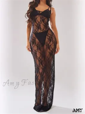 Amy Fashion - Sexy Women Mesh See-Through Lace Floral  Sleeveless Strap Beach Party Summer Black  Female Vestidos