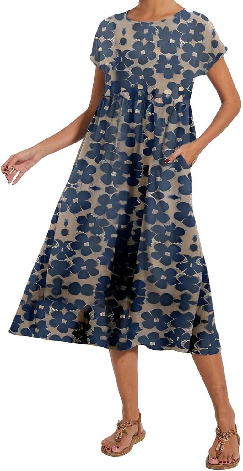 Baggy Crew Neck Dress for Women Cotton Linen Short Sleeve Tunic Midi Dresses Summer Casual Comfy Beach Dress Pockets