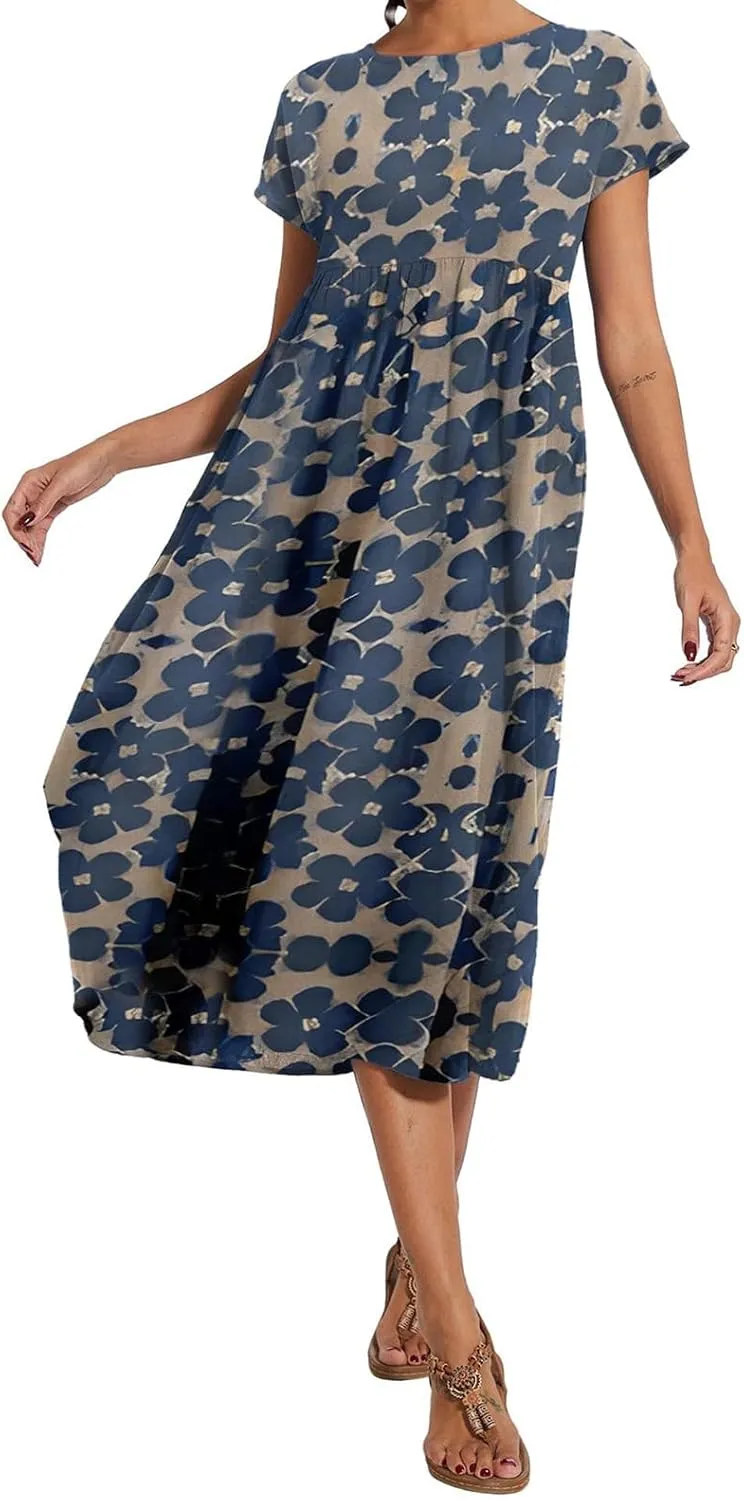 Baggy Crew Neck Dress for Women Cotton Linen Short Sleeve Tunic Midi Dresses Summer Casual Comfy Beach Dress Pockets