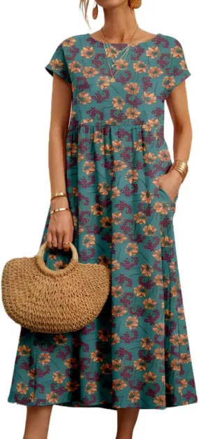 Baggy Crew Neck Dress for Women Cotton Linen Short Sleeve Tunic Midi Dresses Summer Casual Comfy Beach Dress Pockets
