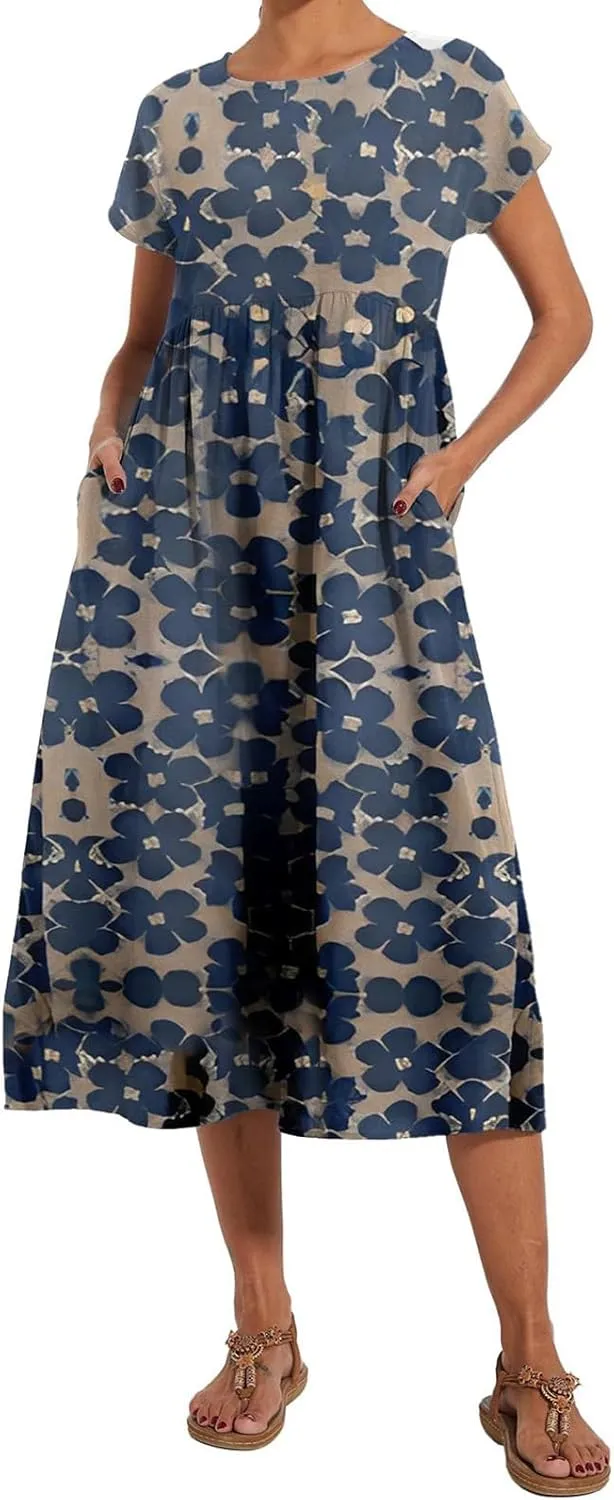 Baggy Crew Neck Dress for Women Cotton Linen Short Sleeve Tunic Midi Dresses Summer Casual Comfy Beach Dress Pockets