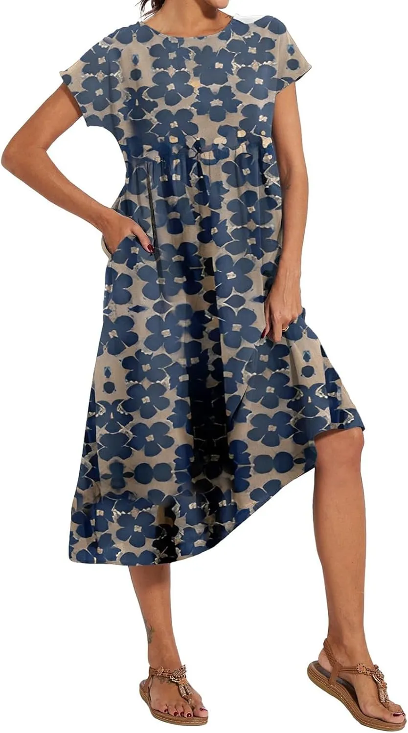 Baggy Crew Neck Dress for Women Cotton Linen Short Sleeve Tunic Midi Dresses Summer Casual Comfy Beach Dress Pockets
