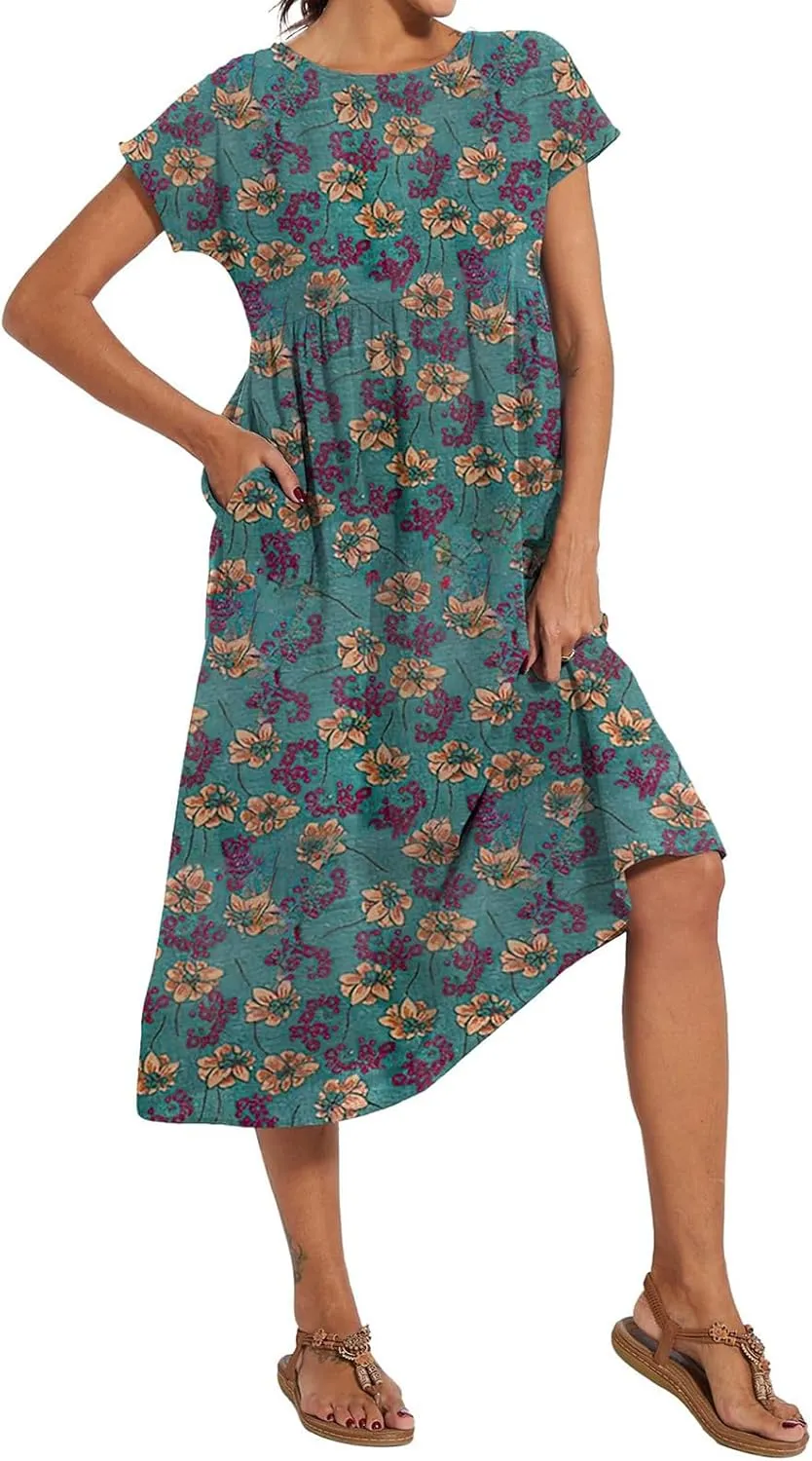 Baggy Crew Neck Dress for Women Cotton Linen Short Sleeve Tunic Midi Dresses Summer Casual Comfy Beach Dress Pockets