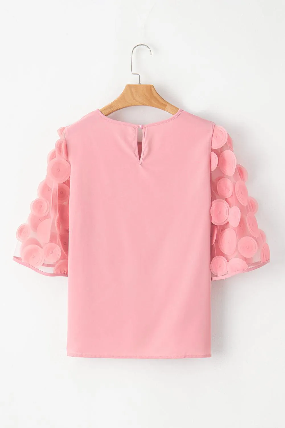 Black Applique Mesh Keyhole Back Splicing Sleeve Blouse