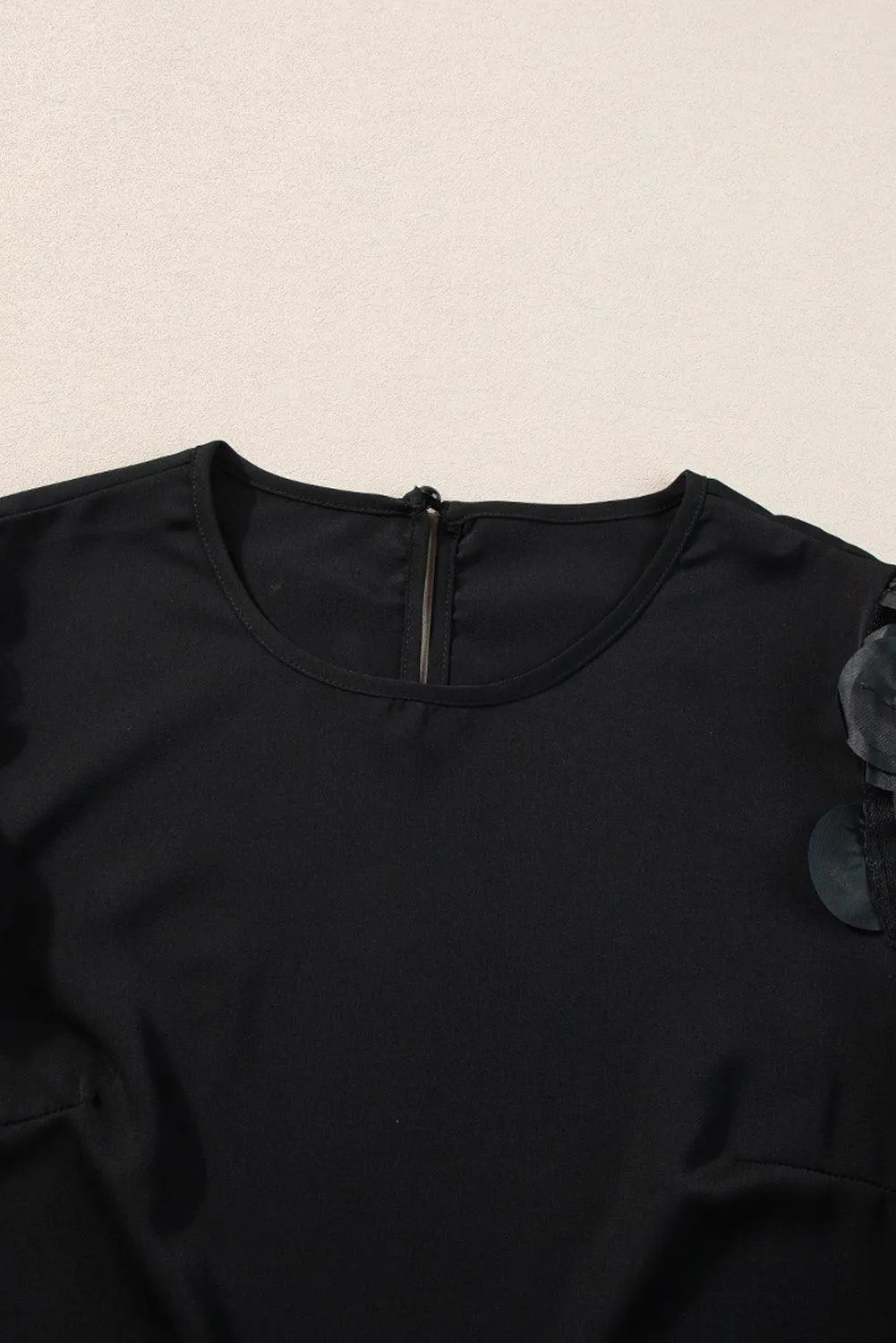 Black Applique Mesh Keyhole Back Splicing Sleeve Blouse