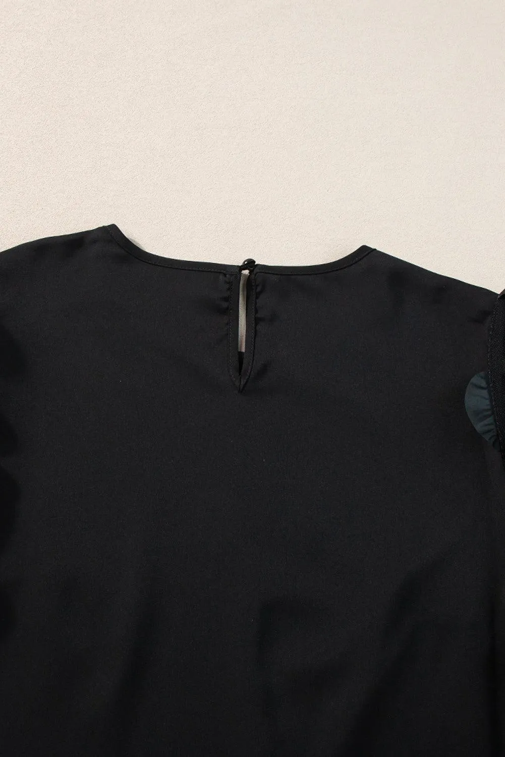 Black Applique Mesh Keyhole Back Splicing Sleeve Blouse
