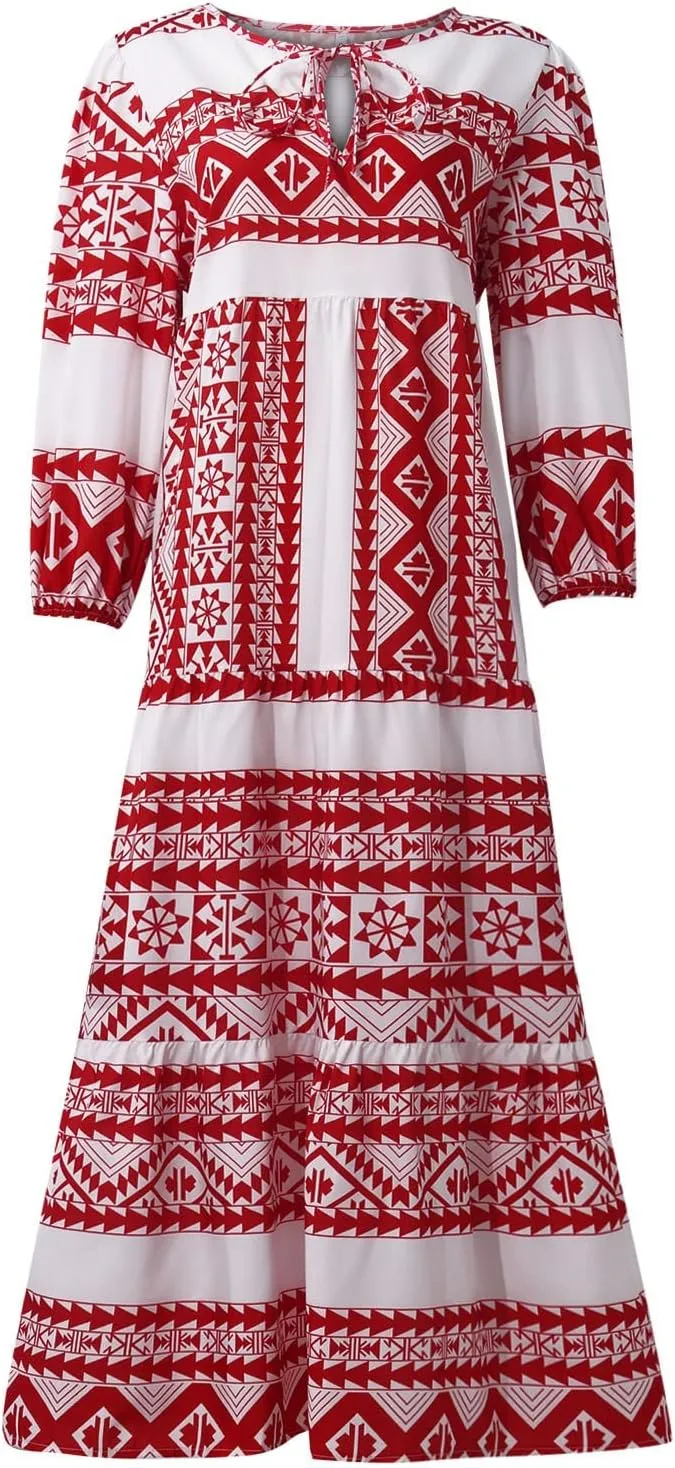 Boho Maxi Dresses for Women 2025 Casual Loose Fit Summer Long Bohemian Dress 3/4 Sleeve V Neck Plus Size Flowy Spring Dress