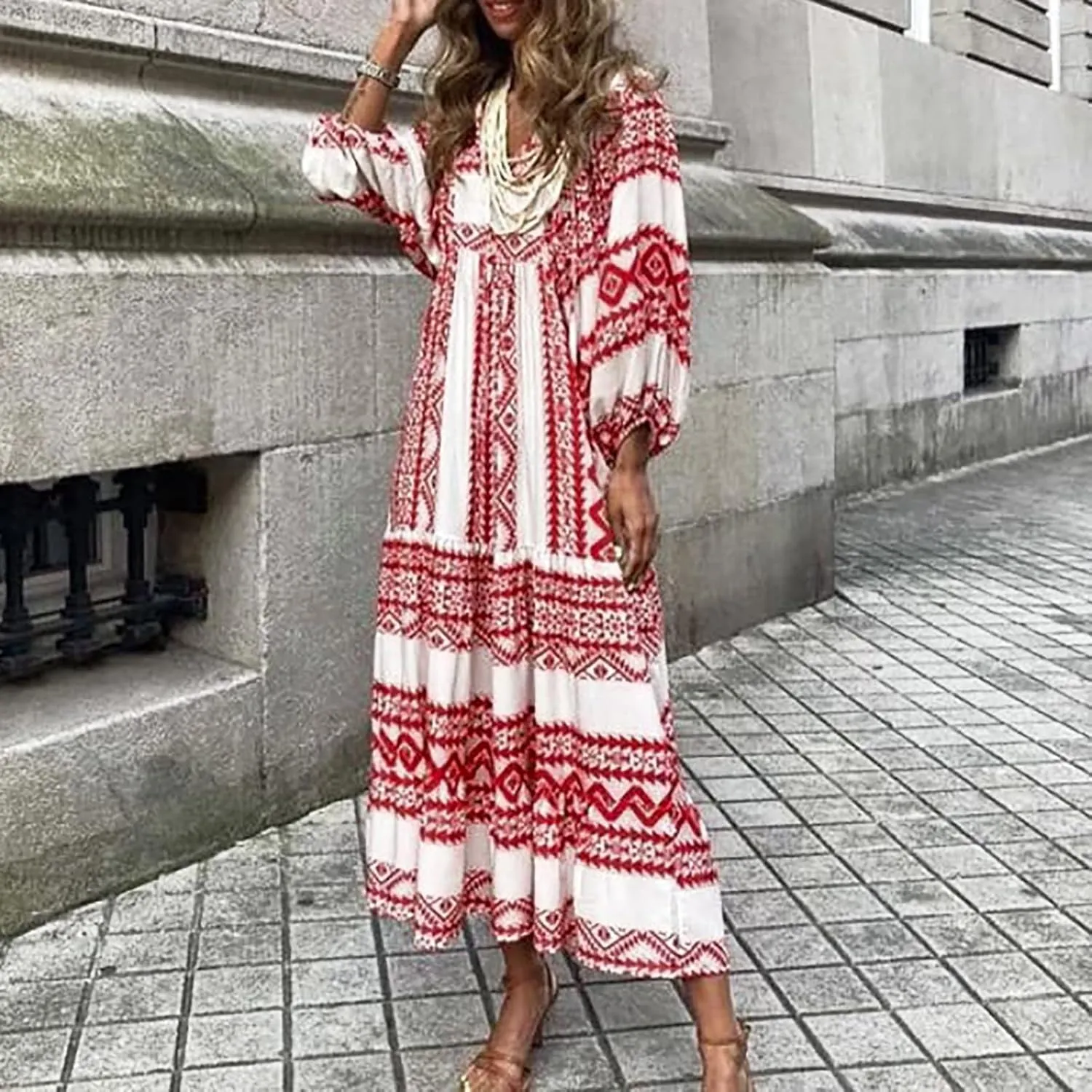 Boho Maxi Dresses for Women 2025 Casual Loose Fit Summer Long Bohemian Dress 3/4 Sleeve V Neck Plus Size Flowy Spring Dress