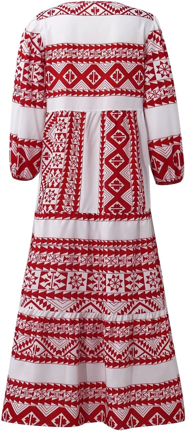 Boho Maxi Dresses for Women 2025 Casual Loose Fit Summer Long Bohemian Dress 3/4 Sleeve V Neck Plus Size Flowy Spring Dress