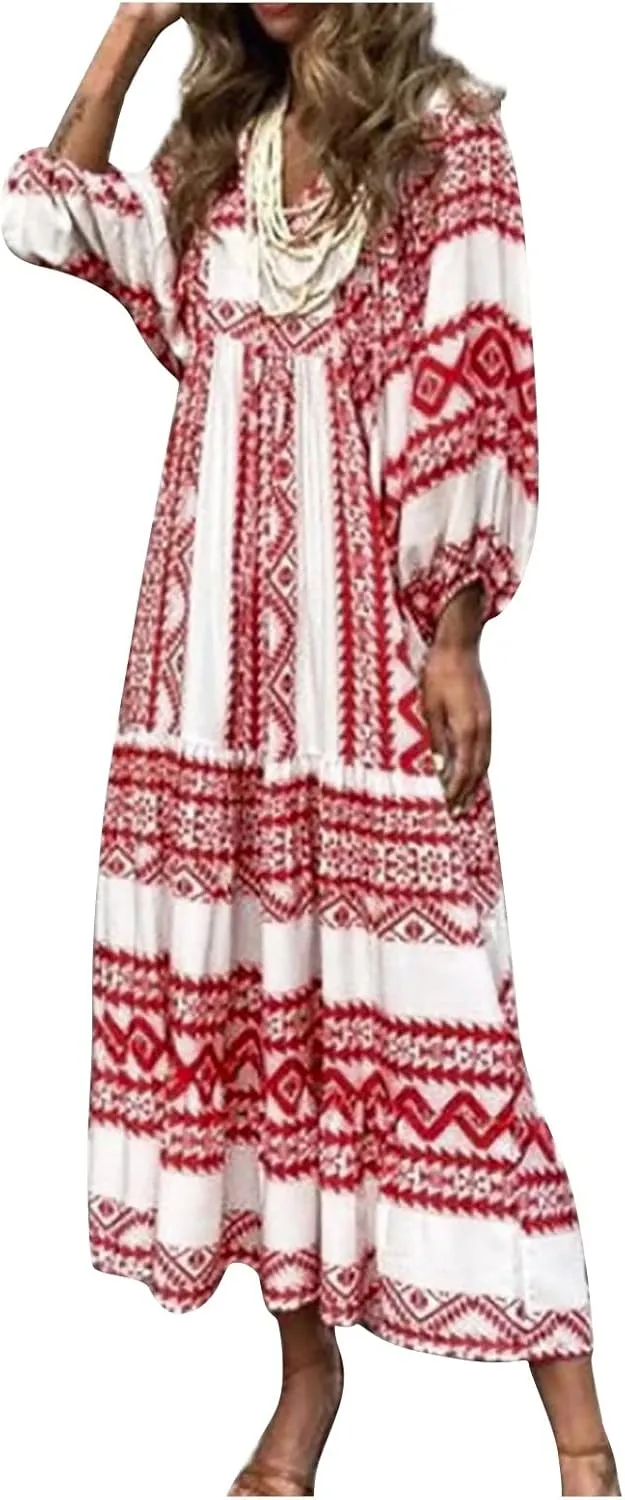 Boho Maxi Dresses for Women 2025 Casual Loose Fit Summer Long Bohemian Dress 3/4 Sleeve V Neck Plus Size Flowy Spring Dress