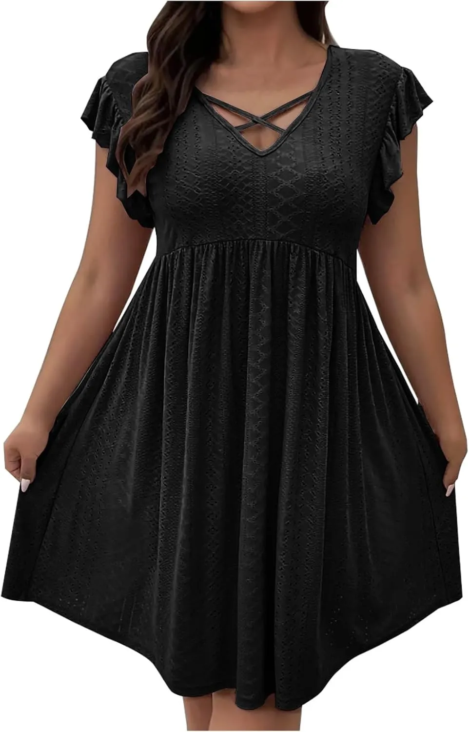 Borniu Women's 2025 Summer Cap Sleeve Midi Dress V Neck A-Line Ruffle Tiered Eyelet Casual Dresses Hollow Out Mesh Sundress
