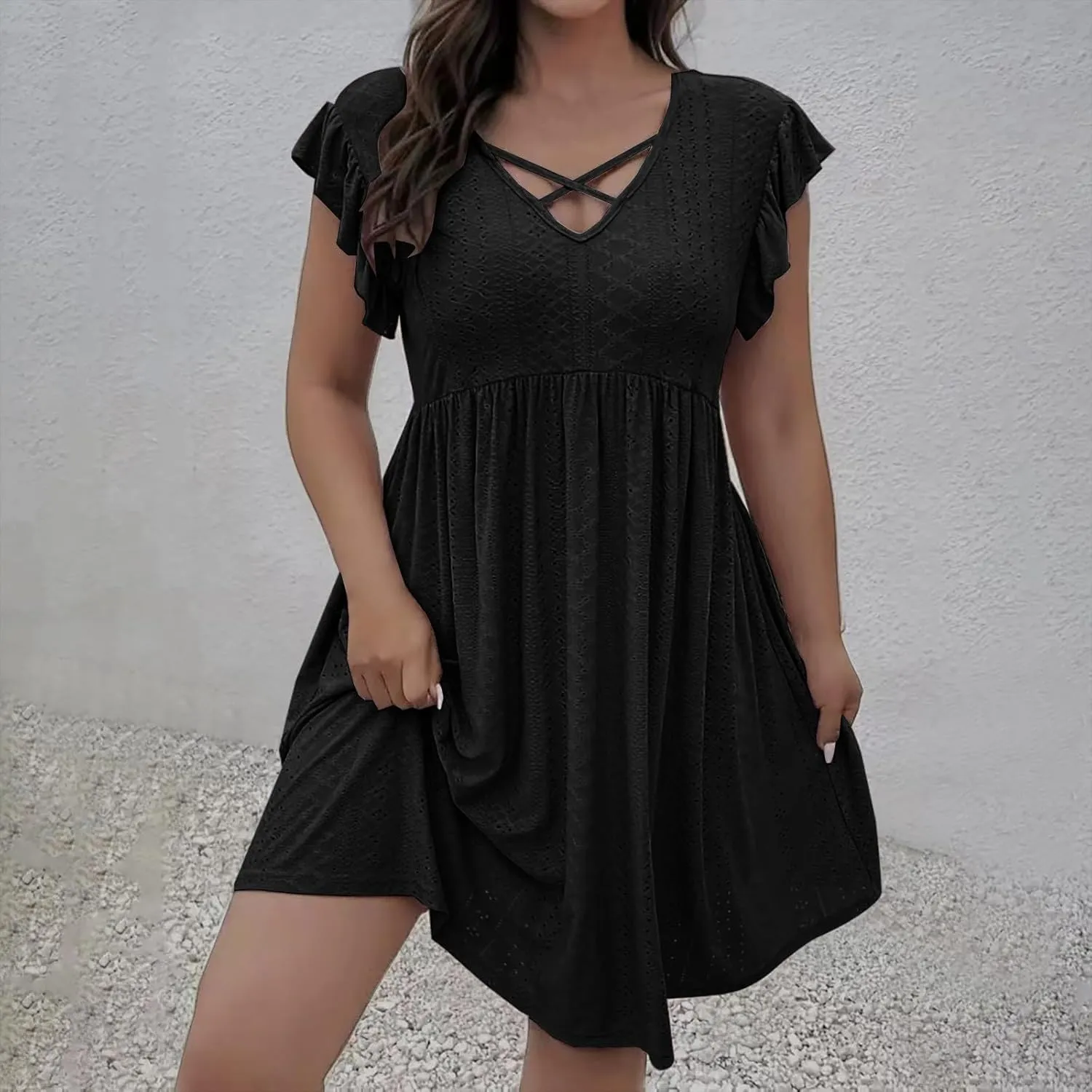 Borniu Women's 2025 Summer Cap Sleeve Midi Dress V Neck A-Line Ruffle Tiered Eyelet Casual Dresses Hollow Out Mesh Sundress