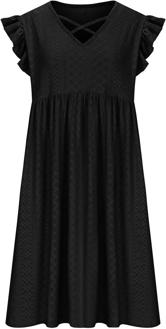 Borniu Women's 2025 Summer Cap Sleeve Midi Dress V Neck A-Line Ruffle Tiered Eyelet Casual Dresses Hollow Out Mesh Sundress