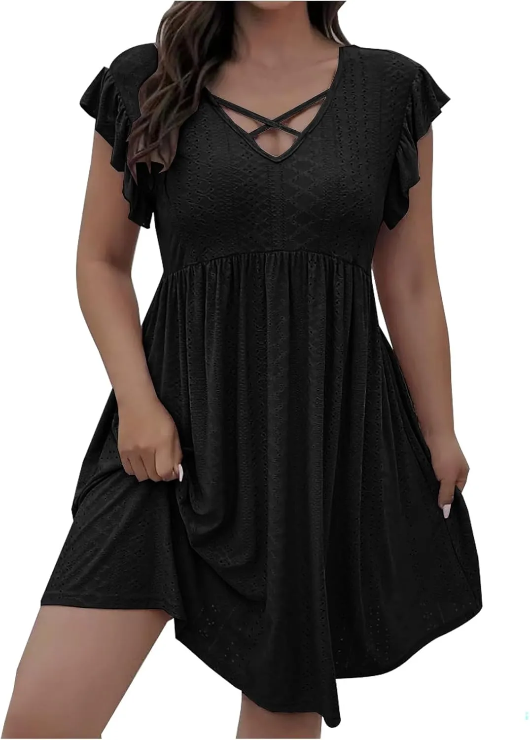 Borniu Women's 2025 Summer Cap Sleeve Midi Dress V Neck A-Line Ruffle Tiered Eyelet Casual Dresses Hollow Out Mesh Sundress