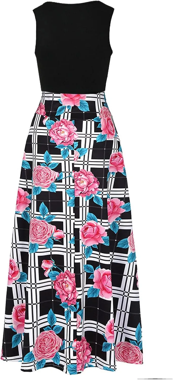 Casual Dresses for Women Floral Print High Waist Sundress Crew Neck Flowy Swing Bohemian Maxi Dress Summer Dresses