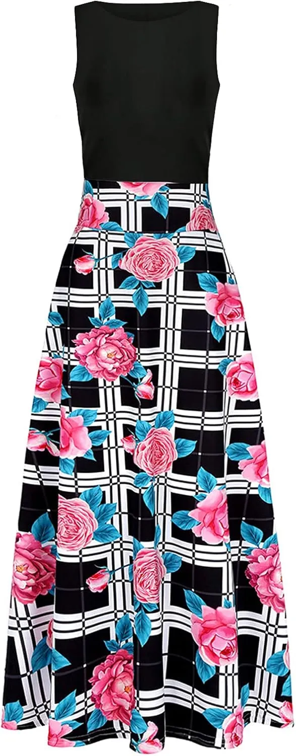 Casual Dresses for Women Floral Print High Waist Sundress Crew Neck Flowy Swing Bohemian Maxi Dress Summer Dresses