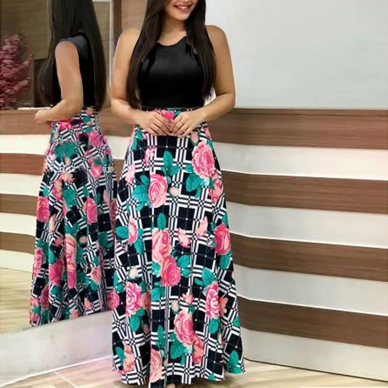 Casual Dresses for Women Floral Print High Waist Sundress Crew Neck Flowy Swing Bohemian Maxi Dress Summer Dresses