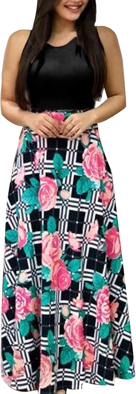 Casual Dresses for Women Floral Print High Waist Sundress Crew Neck Flowy Swing Bohemian Maxi Dress Summer Dresses