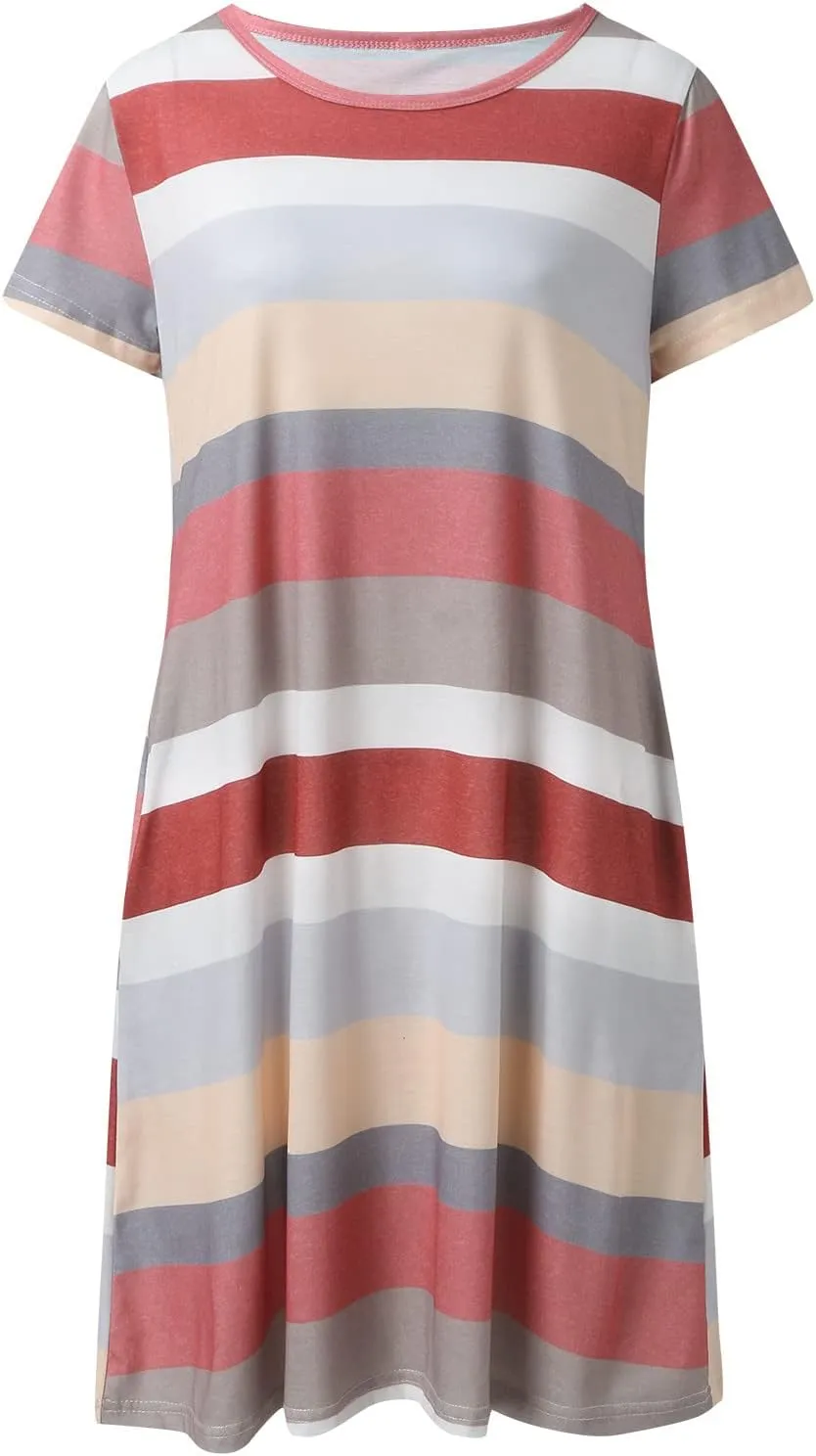 Casual Dresses for Women Short Sleeve Crew Neck T Shirt Dress with Pockets Loose Striped Color Block Summer Dresses