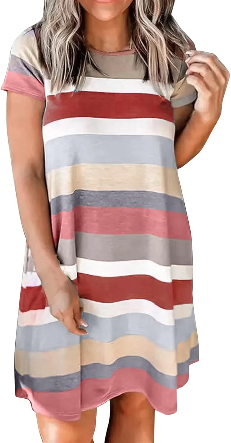 Casual Dresses for Women Short Sleeve Crew Neck T Shirt Dress with Pockets Loose Striped Color Block Summer Dresses
