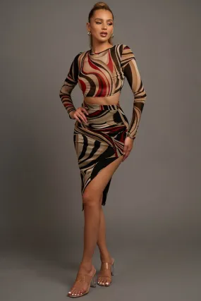 CHIC ABSTRACT MESH CROP TOP & KNEE SKIRT SETS
