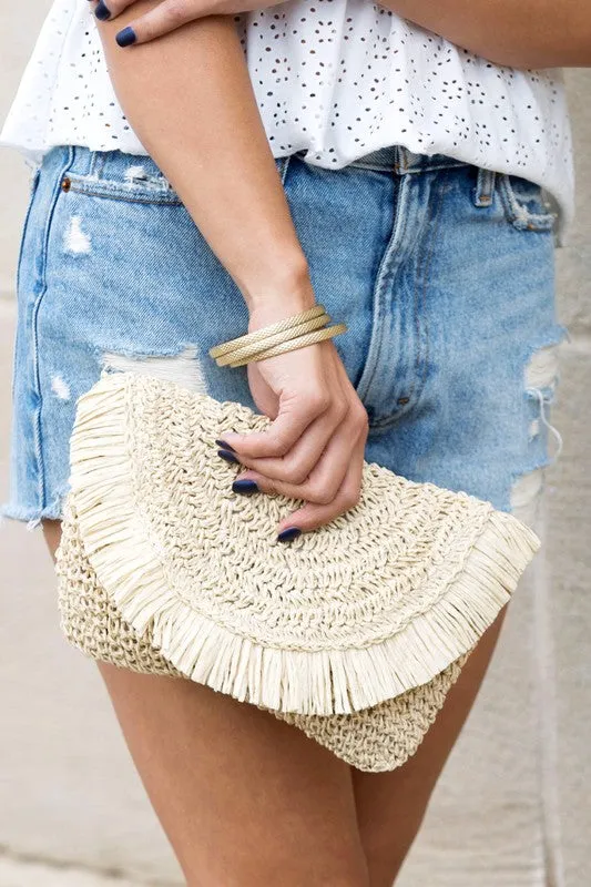 Chic Fringe Fold-over Straw Clutch