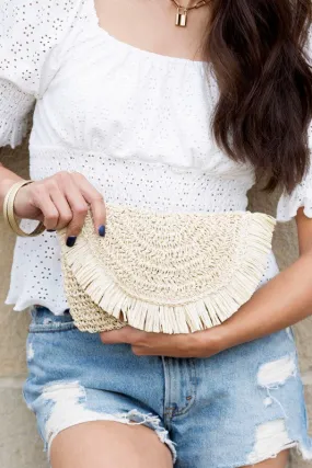 Chic Fringe Fold-over Straw Clutch