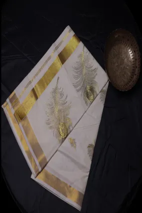 Chic Peacock Feather Motif Kerala Cotton Saree with Zari Border