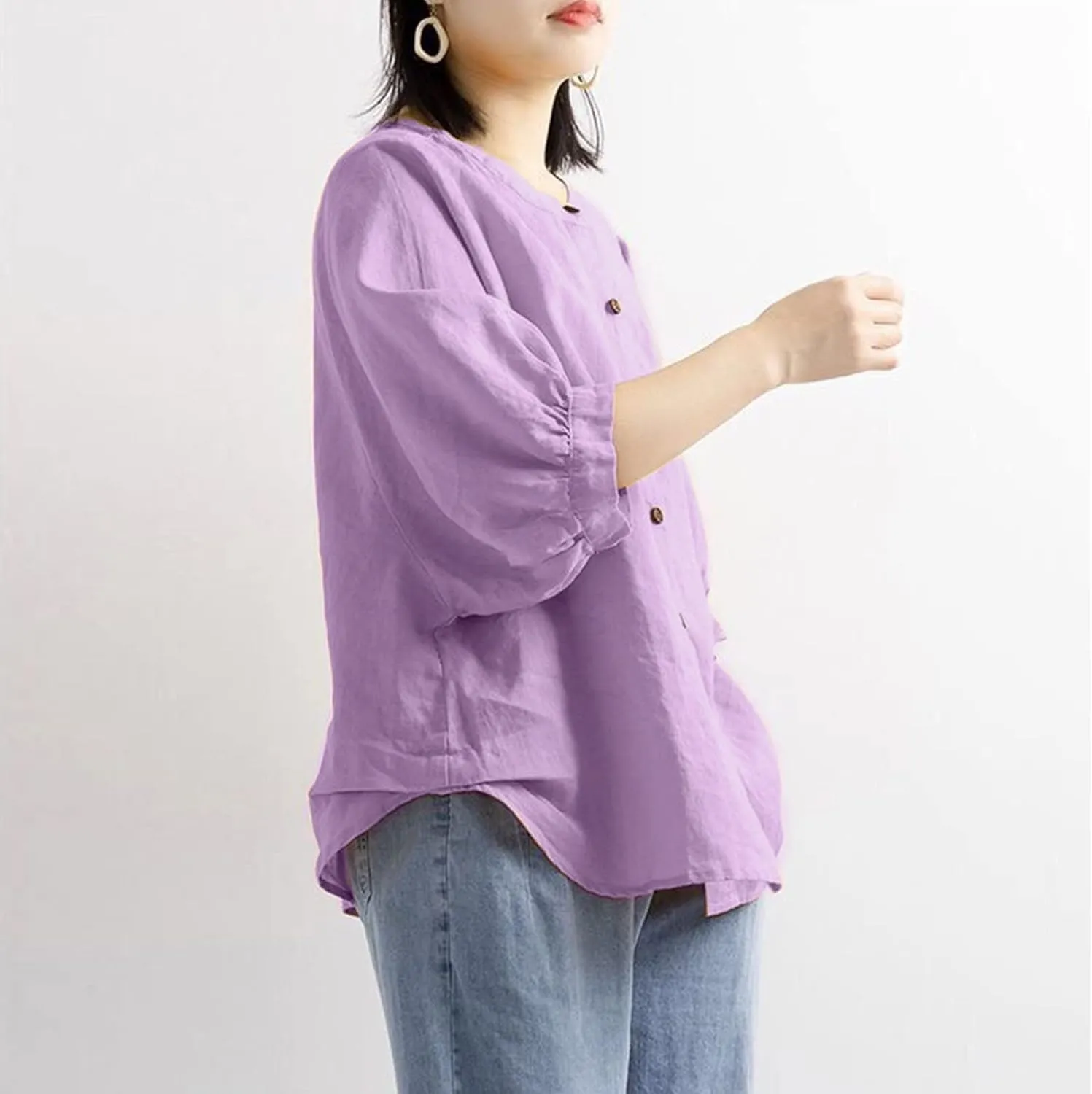 Cotton and Linen Shirts for Women 3/4 Length Sleeve Tops Crew Neck Summer Casual Loose Fit Breathable Blouse Tees