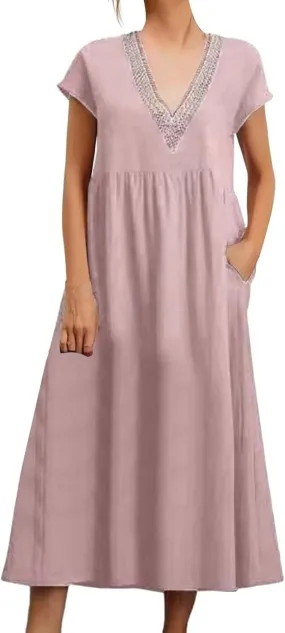 Cotton Linen Dress Women Plus Size Summer Short Sleeve V Neck Midi Dress Casual Loose A-line Boho Vacation Dresses