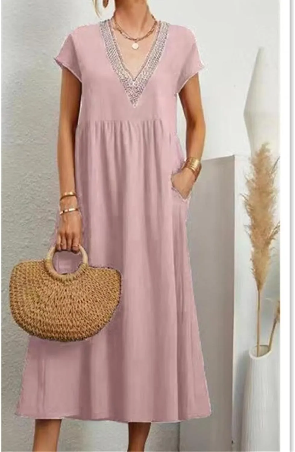 Cotton Linen Dress Women Plus Size Summer Short Sleeve V Neck Midi Dress Casual Loose A-line Boho Vacation Dresses