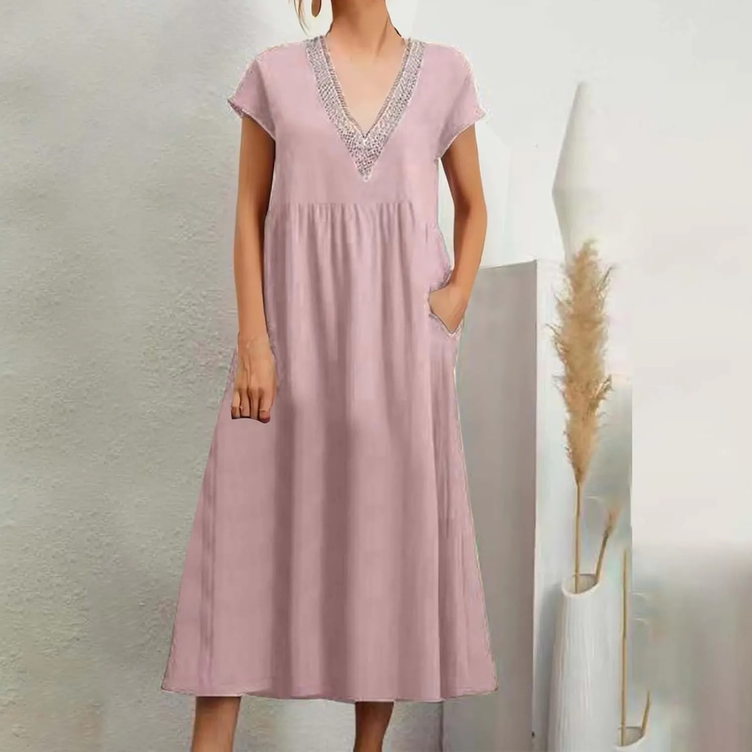 Cotton Linen Dress Women Plus Size Summer Short Sleeve V Neck Midi Dress Casual Loose A-line Boho Vacation Dresses